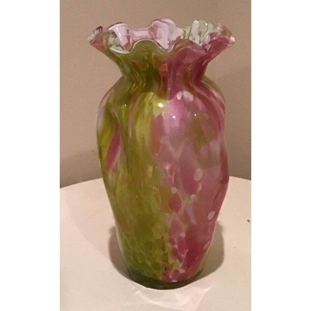 FENTON VASA MURRHINA GLASS VASE PINK YELLOW WHITE MYST 6.75” H EUC